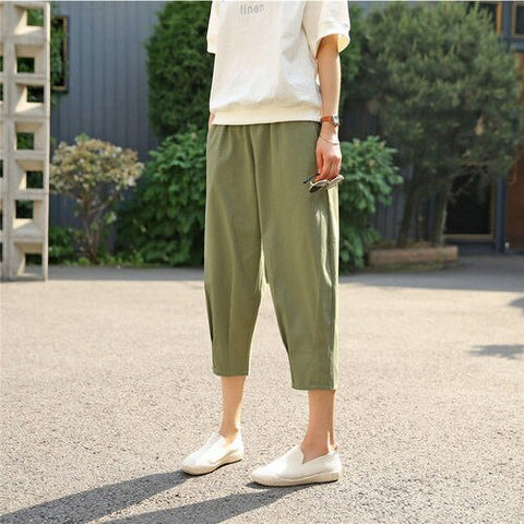 Cotton Linen Pants Women's Summer Loose Solid Harem Pants Female High Waist Large Size Casual Khaki Calf-Length Pants  Women