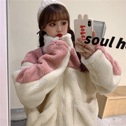 Women's Lamb Wool Cardigan Coat Zip-Up Loose Oversize Woman Top Casual Outfits Stitching Warm Jackets Veste Femme Women Clothing