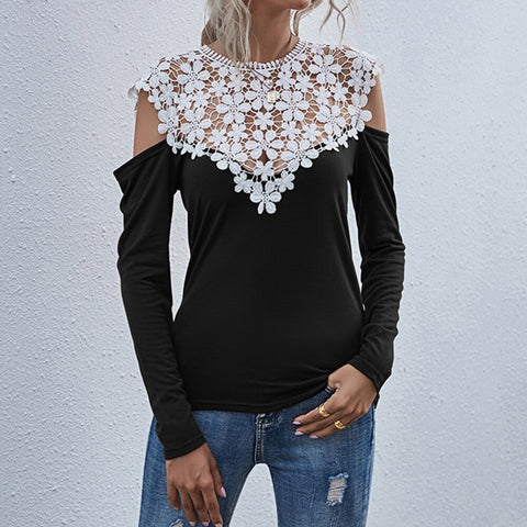 Sonicelife Sale Women Lace Patchwork T-shirt Tops Autumn  Hollow Out Off Shoulder Tee Shirt Ladies Spring Long Sleeve Casual Blusas D30