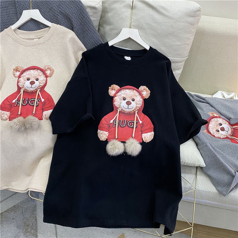 Sonicelife Harajuku Fur Ball Tshirt Summer Women Cotton Half Sleeve Round Neck T-Shirts Korean Style Kawaii Cute Bear Female Clothes Tops