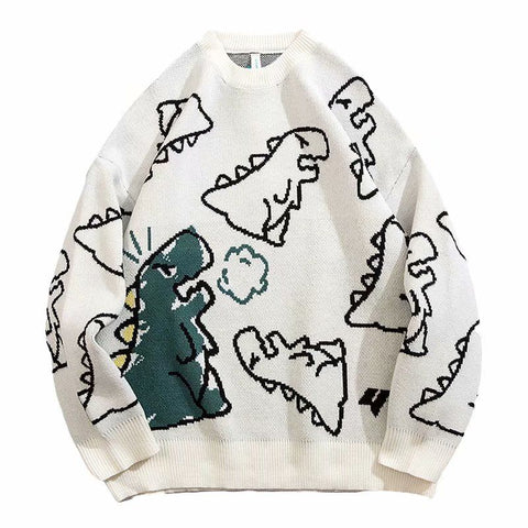 Sonicelife  Cute Green Dinosaur Oversize Sweater Women Kawaii Harajuku Long Sleeve White Jumper Winter Hip Hop Streetwear Black Top