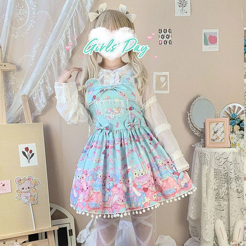 Sonicelife Sweet Lolita Milk Foam Pudding Print Lolita Cute JSK Strap Dress Women Summer Tea Party Princess Bowknot Dresses