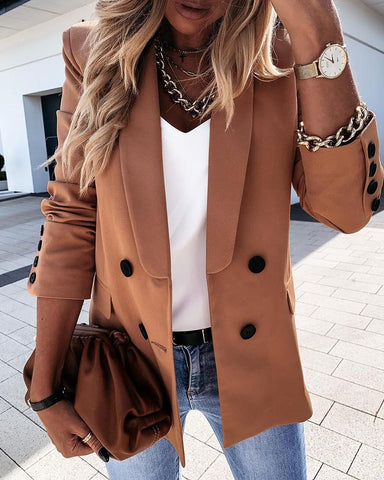 Sonicelife Women Officewear OL Turn-down Collar Button Design Blazer Classic Solid Long Sleeve Double Breasted Blazer Coat Fall