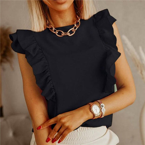 Back to school outfit Sonicelife  Ruffles Short Sleeve Backless Lace Up Women Blouse Solid O-Neck Pleated Elegant Loose Ladies Blouses 2023 New Summer Casual Tops