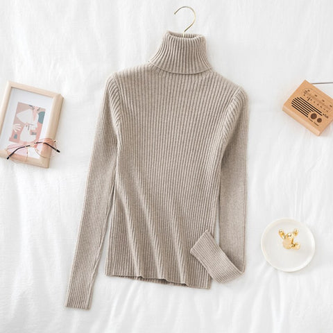 Christmas Gift 2023 Warm Thick Autumn Winter Women Sweater Pullover Basic Ribbed Sweaters Cotton Tops Knitted Solid Turtleneck With Thumb Hole