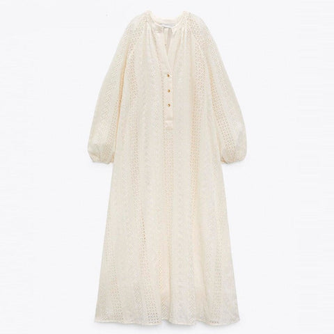 Sonicelife 2023 New Women Summer Vintage Embroidery Dress Loose Long Sleeve Buttons Females Casual Beige Midi Dresses Vestidos Robe
