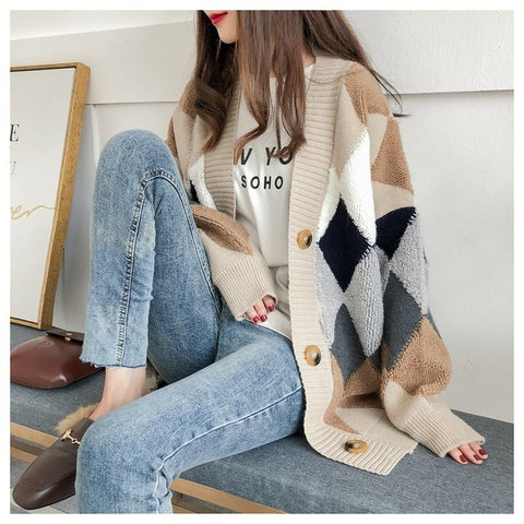 Sonicelife Knitted Cardigan for Women 2024 Korean Fashion Elegant Casual Plaid V-Neck Sweater Women's Knitted Jacket Sweaters Oversize