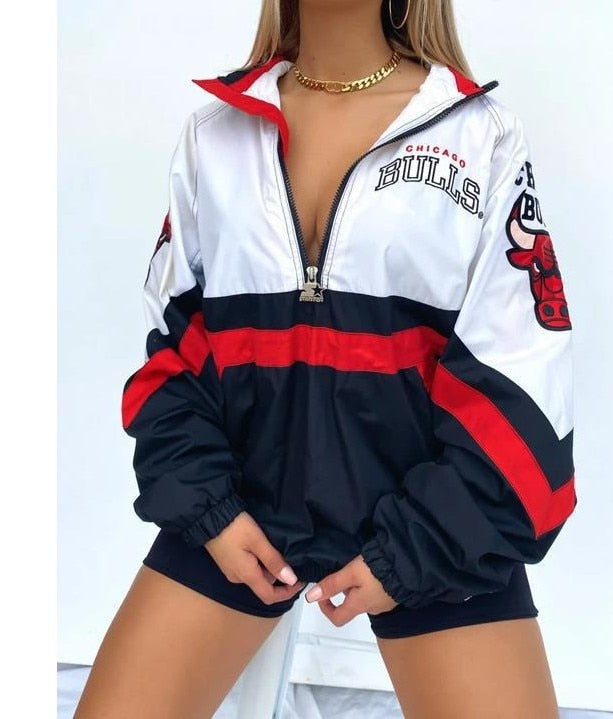 3XL Spring and Autumn Fashion Baseball JacketsCasual V-neck Zipper Pullover Printed Plus Size Jacket for Women Coat Women Jacket