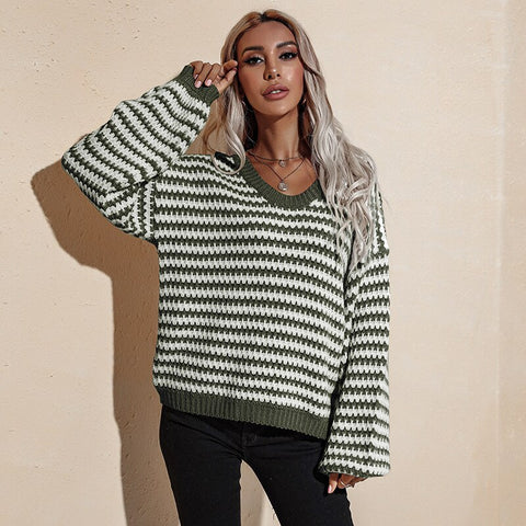 Ladies Sweater Puff Sleeve Pullovers Knitwear Women's Sweater Oversize Striped Off The Shoulder Sweaters Women Fashion Autumn