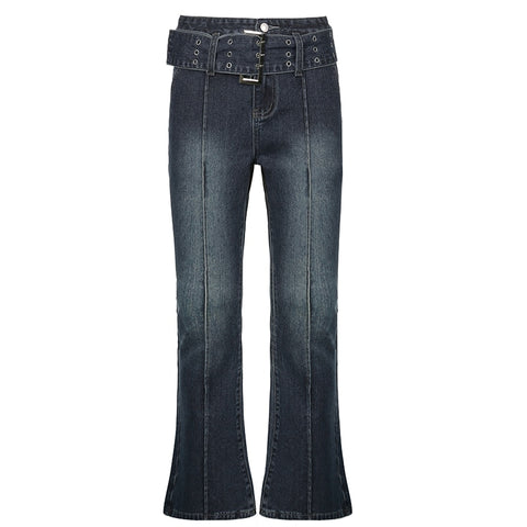 Weekeep High Waist Casual Straight Jeans With Belt Women Streetwear Elastic Denim Pants Autumn Trousers Harajuku Korean Vintage