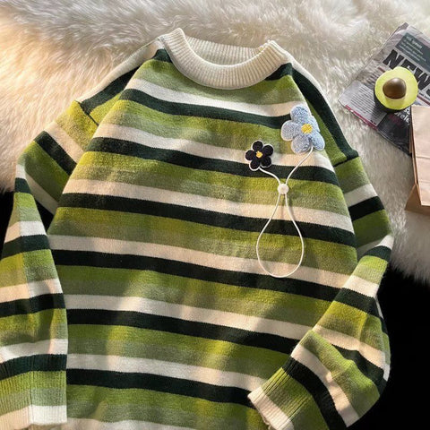 Sonicelife  Korean Style Striped Blue Oversize Sweater Women Harajuku Couple Green Crewneck Jumper Pullover Female Tops Flower