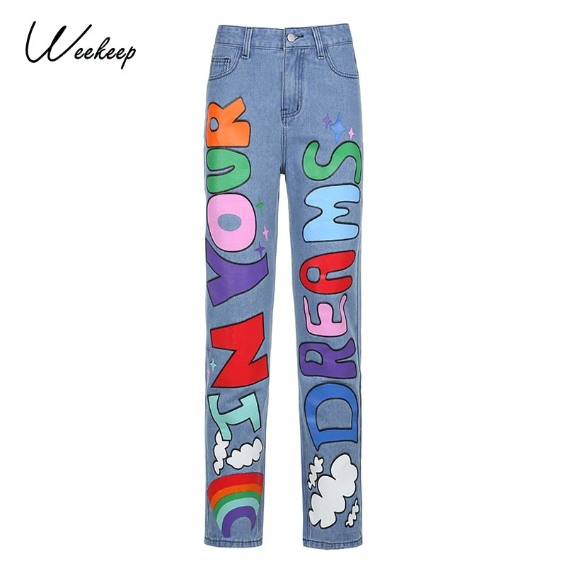 Sonicelife Weekeep Letter Print Fashion Streetwear Jeans Women High Waist Baggy Vintage Straight Trousers  Leisure Female Cargo Denim Pants