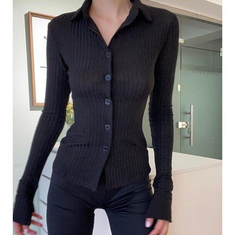 Weekeep Streetwear Rib Knit Tee Tops Women Black Autumn Long Sleeve Buttons Turn-down Collar Female T-shirt Harajuku Casual Tees