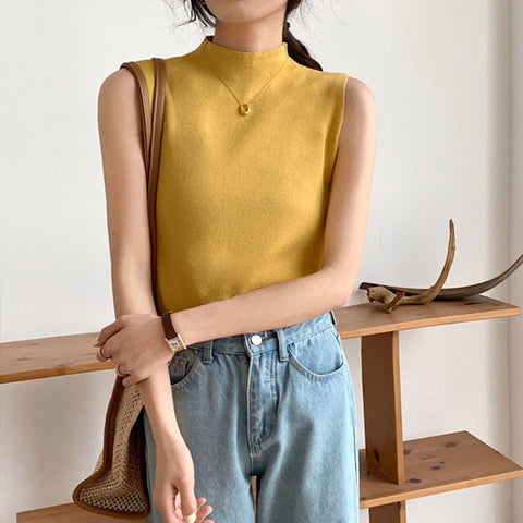 Sonicelife Knitted Top Summer Turtleneck Tank top Women camisole Blouse Sleeveless Slim Top Female sleveless t-shirt Vest Casual Camis