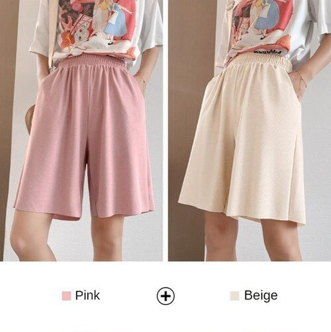 Sonicelife Wide Leg Short Pants Woman Summer Casual Ice Silk Straight Shorts Female Solid Elastic Waist Plus Size Slacks Short for Girls