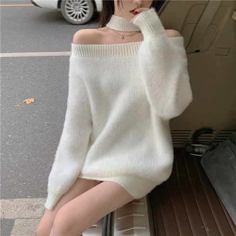 Sonicelife Japanese Korean Style Soft Girl Beige Oversized Knit Sweater Dress
