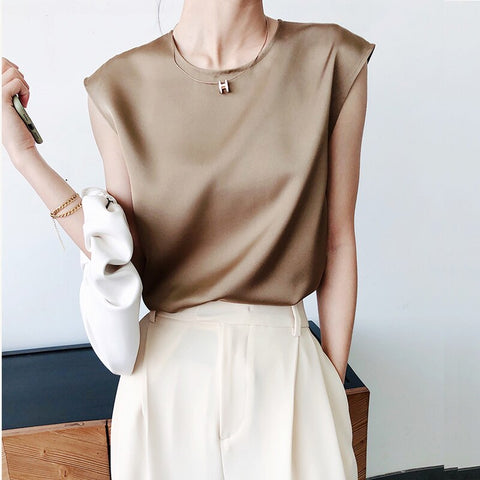 Sonicelife Elegant Women's Blouse Office Lady O Neck Tunic Satin Silk Blouse Champagne Basic Tops Summer Chiffon Blouses for Women 2024