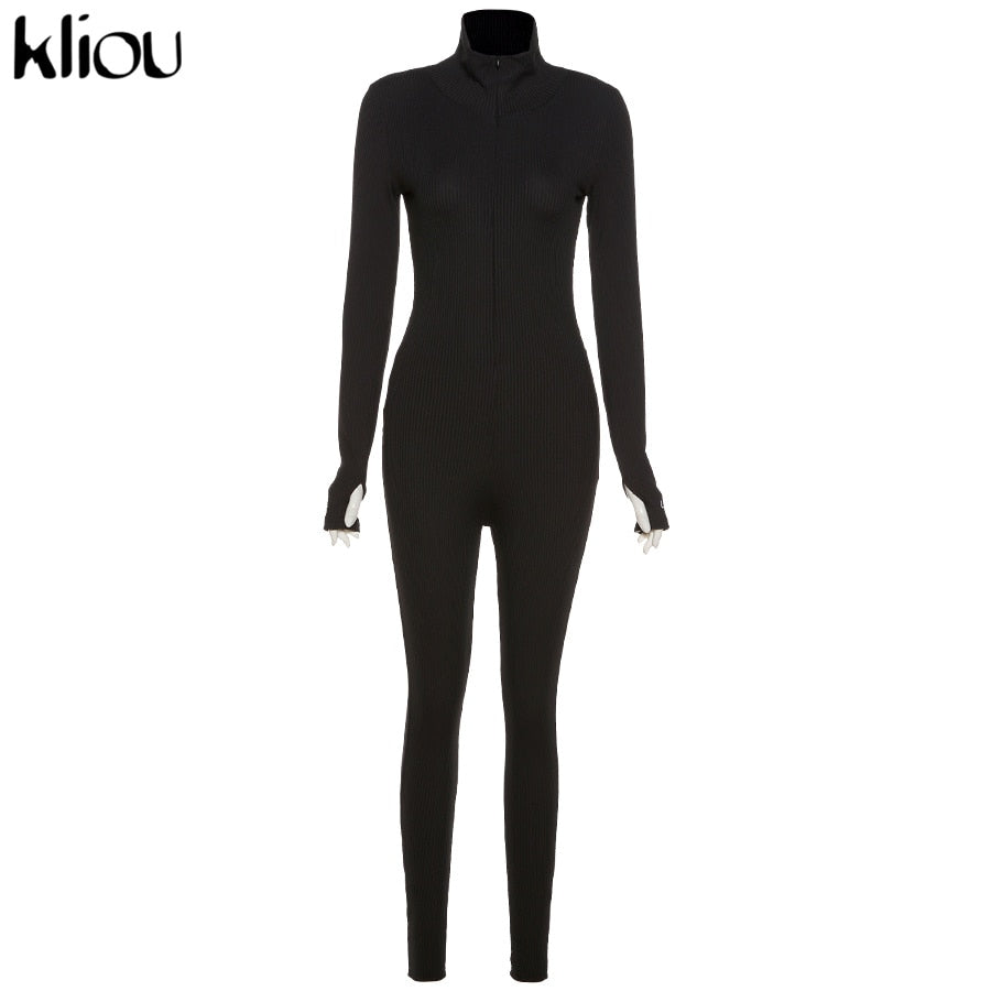 Kliou solid turtleneck full sleeve jumpsuits classic one piece women fitness slim rompers zipper long overall skinny jogger