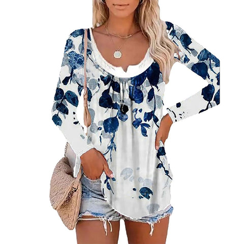 Sonicelife  Fake Two Piece Floral Printed Tshirts O Neck Long Sleeve Pullover Casual Tops White Blue Autumn Flower Tunic Tee Shirt