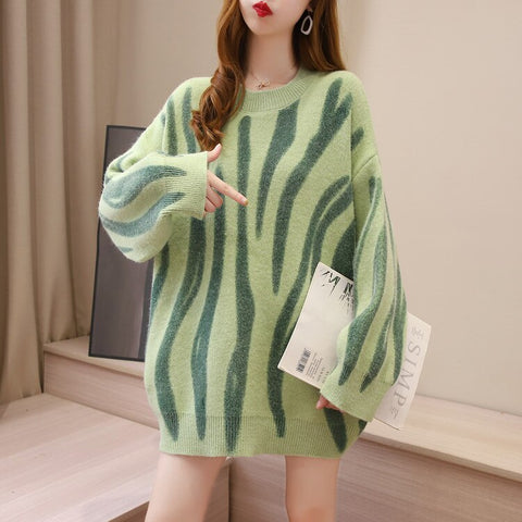 Long Sweaters for Women Autumn Winter Fashion Striped Print Pullovers Outerwear Women's Jumper O-Neck Loose Ladies Sweater