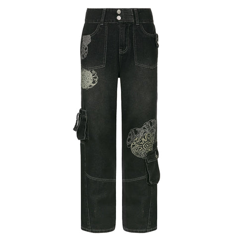Sonicelife Women Streetwear Denim Pants Vintage Print High Waist Baggy Mom Jeans Harajuku Grunge Oversized Wide Leg Trousers Casual