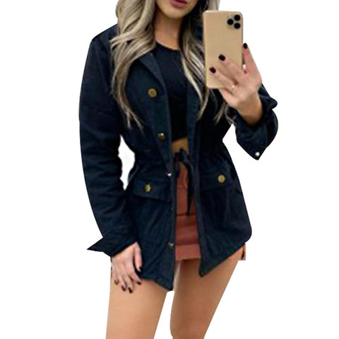 Sonicelife Sale Women Button Coat Office Lady Fall Jacket Slim Pocket Elegant Outwear Vintage Jacket Drawstring Streetwear Winter Coats Q30