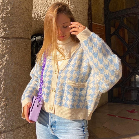 Sonicelife Weekeep Houndstooth Knitted Oversized Sweater Cardigans Womens Casual Buttons V Neck Jumpers Streetwear Harajuku Autumn Knitwear