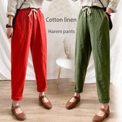 Summer Women's Pants Cotton Linen Large Size Casual Loose Ankle-length Capri Pants Drawstring Harem Pants Women's Wide Trousers