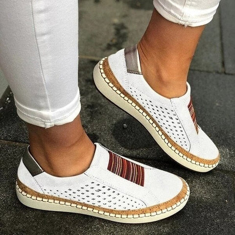 Sonicelife Women Slip on Sneakers Shallow Loafers Vulcanized Shoes Breathable Hollow Out Female Casual Shoes Ladies Leather Flats