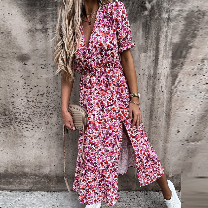 Sonicelife  Summer Floral Print Dress Women V Neck Side Slit Long Elegant Dress Short Sleeve Button Slim Spring Female Party Dress Vestidos