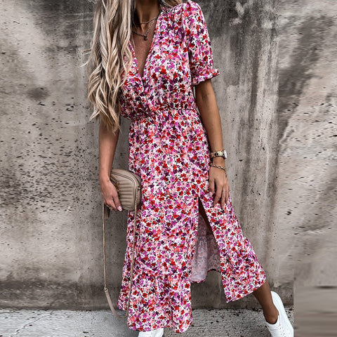Sonicelife  Summer Floral Print Dress Women V Neck Side Slit Long Elegant Dress Short Sleeve Button Slim Spring Female Party Dress Vestidos