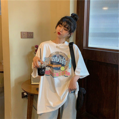 Sonicelife Round Neck Vintage Print T Shirt Oversize Aesthetic Top for Women Korean Style Stylish Clothes Cotton Short Sleeve Tees Pullover