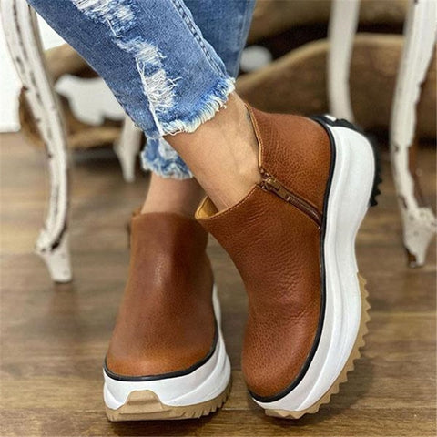 Sonicelife  Women's Ankle Boots Casual Leather Round Toe Side Zipper Ladies Platform Shoes for Women Female Footwear Botas De Mujer