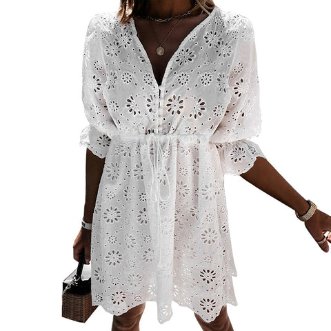 Women  V Neck Dress Solid White Half Sleeve Summer Lace Embroidery Hollow Out Stretch Waist Female Printed Vestidos D30