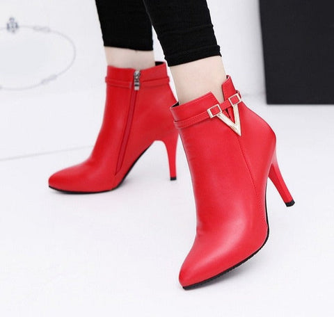 2023 New Women Boots Ankle PU Leather Zipper Booties High Heels Autumn Shoes Black Winter Boots Zapatos De Mujer  Pointed Toe