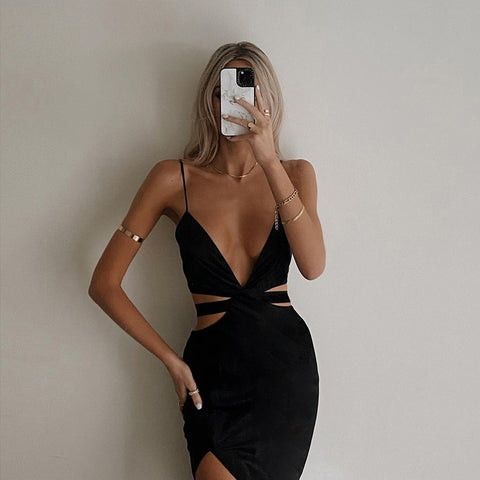 Sonicelife   Backless Cutout Midi Dress Club Party Outfits for Women Sleeveless Elegant Straps V Neck Dresses Vestidos