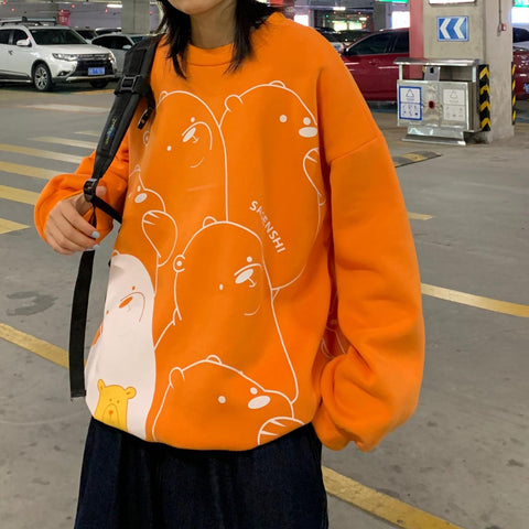 Sonicelife Women's Sweatshirt Spring 2024 Kpop Loose Long-Sleeved Coat Student Cartoon Print Top Harajuku Style Female Jacket Bluza Damska