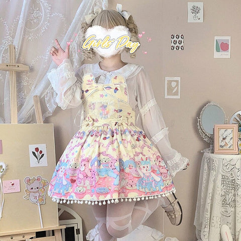 Sonicelife Sweet Lolita Milk Foam Pudding Print Lolita Cute JSK Strap Dress Women Summer Tea Party Princess Bowknot Dresses