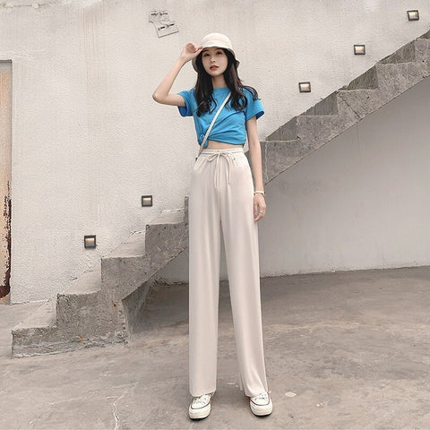 Sonicelife Wide Leg Pants Soft Comfort Casual Korean Style High Waisted Trousers Female Slacks Women's Ice Silk Straight Pants Streetwear