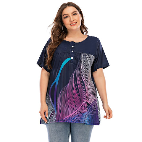 L-6XL Plus Size Women Short Sleeve Blouse Leaf Printed Round Neck Lady Tops Female T-Shirt Summer Button Casual Streetwear D30