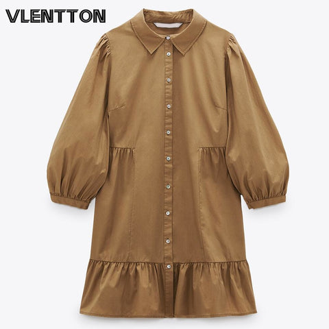 Spring Summer Women Vintage Shirt Dress Chic Button Solid A-Line Party Dresses Ladies Vestidos Ropa Mujer
