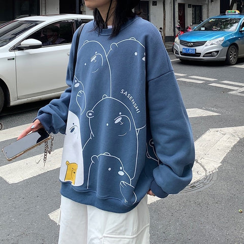 Sonicelife Women's Sweatshirt Spring 2024 Kpop Loose Long-Sleeved Coat Student Cartoon Print Top Harajuku Style Female Jacket Bluza Damska