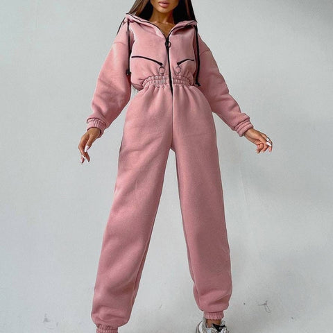 Sonicelife  Casual Women Basic Hoodie Jumpsuit Zipper Drawstring Overalls Fleece Lined Streetwear Tracksuit Solid Rompers One Piece Outfit