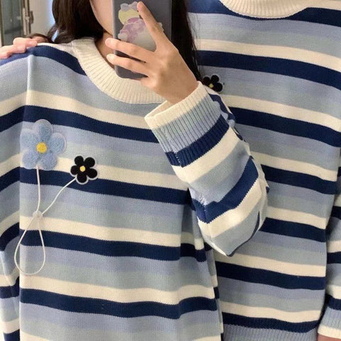 Sonicelife  Korean Style Striped Blue Oversize Sweater Women Harajuku Couple Green Crewneck Jumper Pullover Female Tops Flower