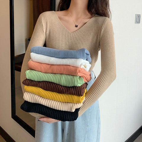 2023 Basic B-neck Solid Autumn Winter Pullover Women Female Knitted Ribbed Sweater Slim Long Sleeve Badycon High Quality Sweater