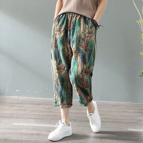 Sonicelife Women Harem Pants Cotton Linen Vintage High Waisted Trousers Spring Summer Loose Retro Floral Printed Wide Leg Pants Streetwear