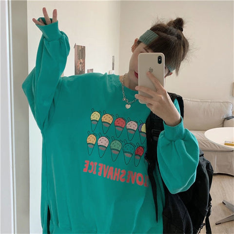 Women's Sweatshirts 2023 Spring Korean Loose Round Neck Pullover Jacket Personality Cartoon Printing Long-Sleeved Sweat-Shirt
