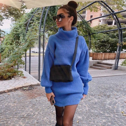 Turtleneck Lantern Sleeve Sweaters Dress Women Autumn Winter Solid Casual Long Pullovers Oversize Thick Knitted Sweater Dresses