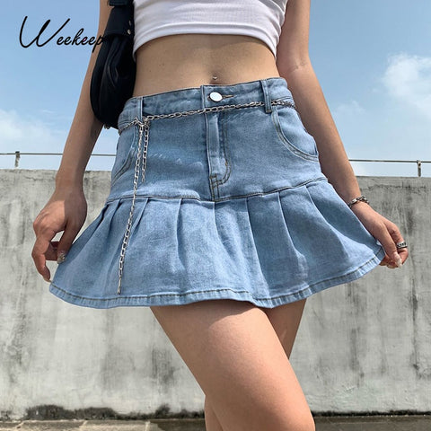 Sonicelife Weekeep Women Denim Skirts High Waisted Fashion Pleated Super Short Skirt  Rave Party Club Streetwear Ruffles Skirt Harajuku