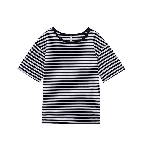 Sonicelife Toppies Casual Oversized  Striped T-shirts Round Neck Vintage Basic Tops Tees Woman Short Sleeve T-shirts Summer 2024